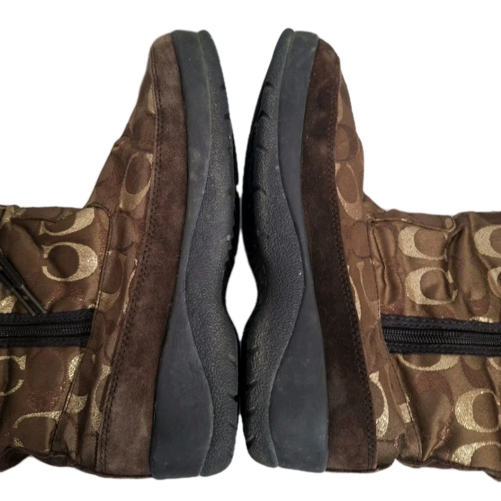 Coach Lizzie Signature Winter Fur Trim Boots Brown Gold Metallic C Size 7 A7048